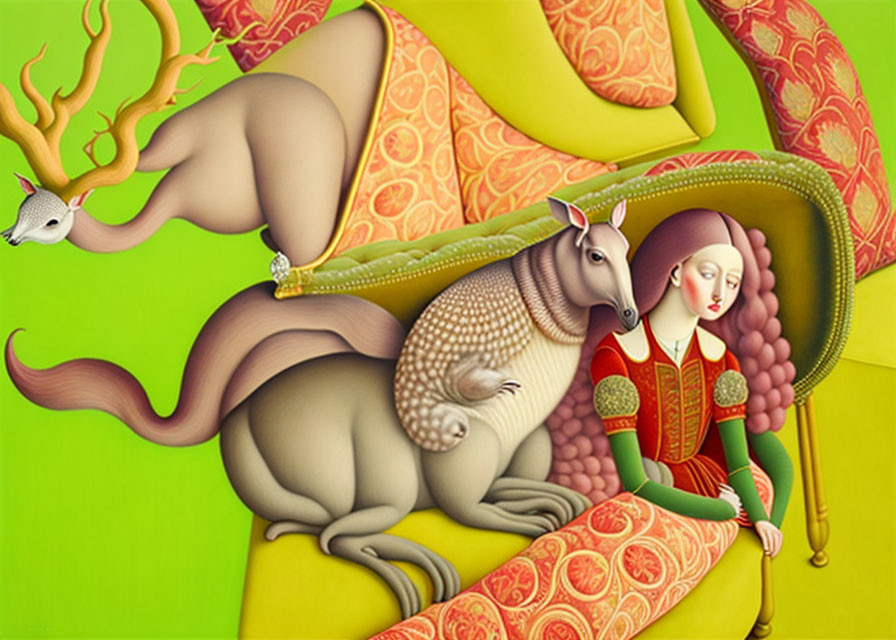 Colorful surreal artwork: Woman in traditional attire with stylized animals