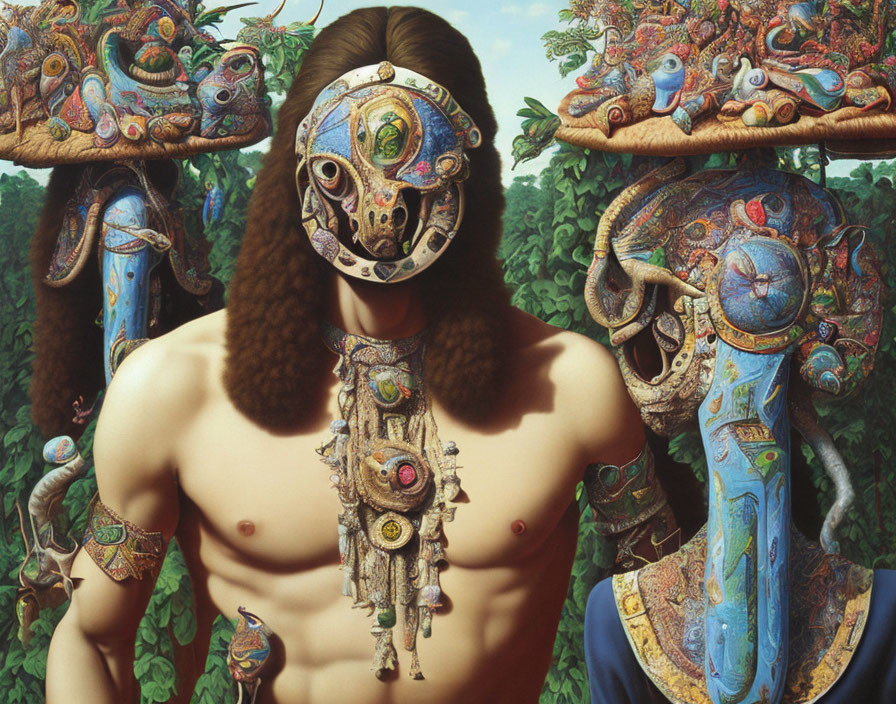 Ornate mechanical masks on figures in lush forest setting