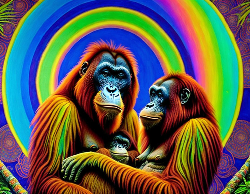 Colorful illustration: Three orangutans with rainbow halo, showing family bond