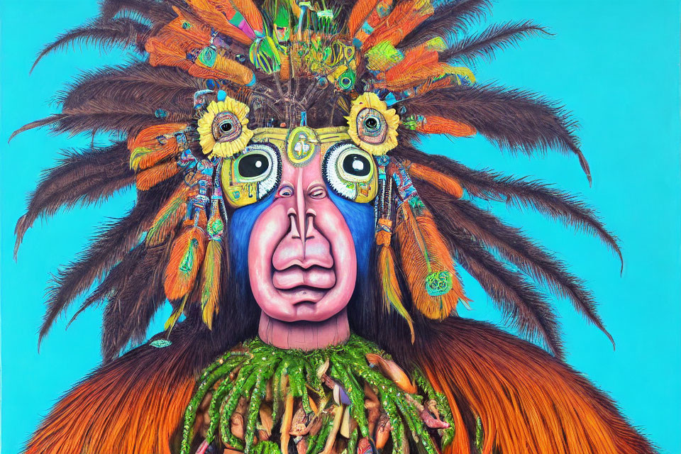 Colorful tribal painting of person in feathered headdress and face paint