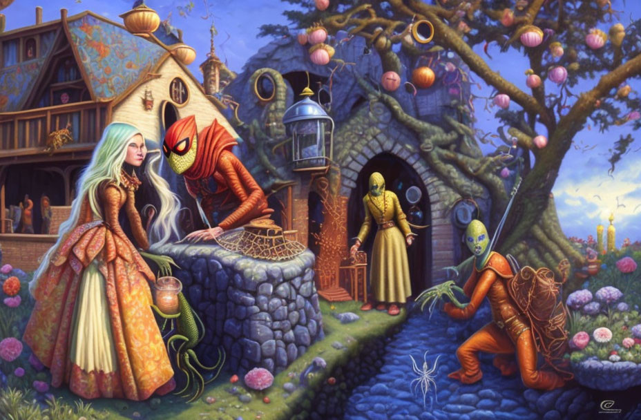 Fantasy artwork: Elf woman talks to Spider-Man creature in magical garden