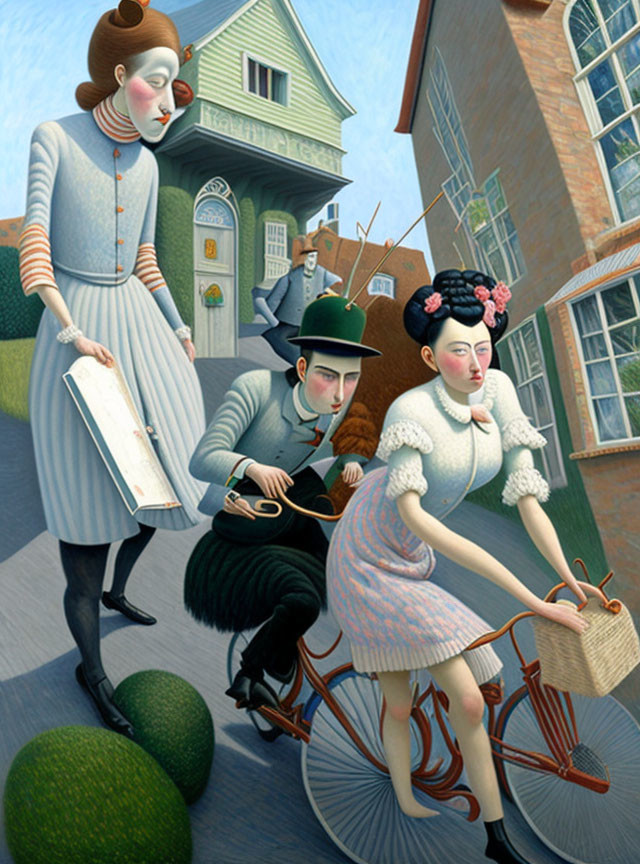 Surreal painting: Woman knitting on tandem bicycle with man sketching in quaint village
