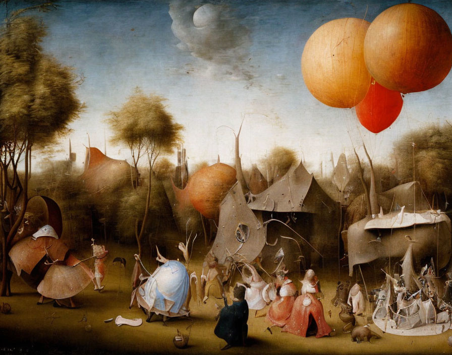 Surreal painting of armored figures with insect-like features in a landscape with tents and oversized orange balloons