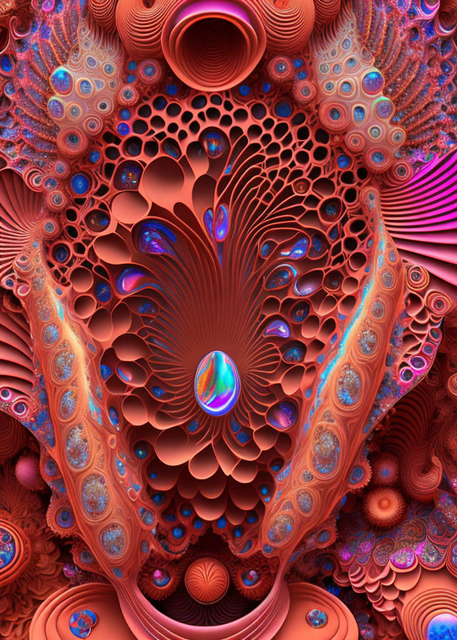 Symmetrical Fractal Patterns in Red, Blue, and Orange