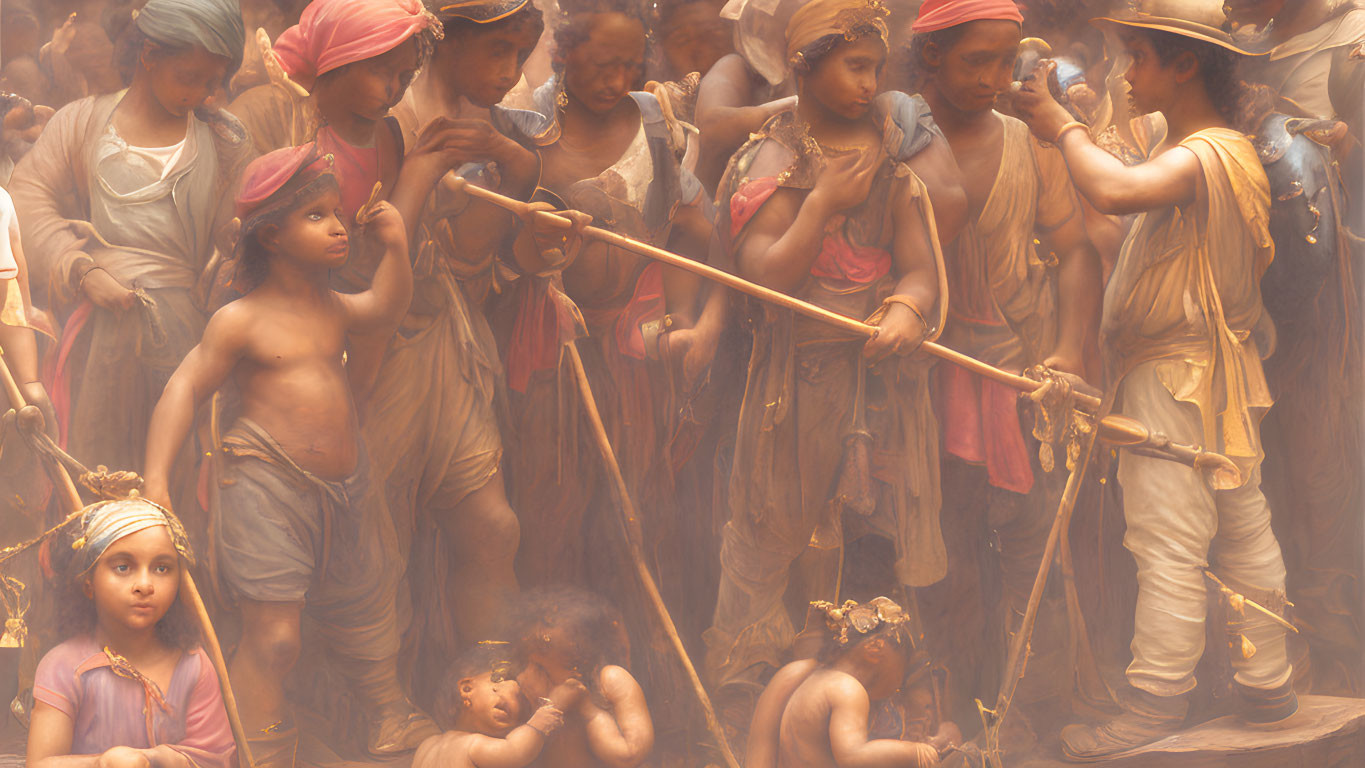 Traditional Attire Group Scene with Earthy Colors and Communal Interaction