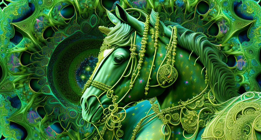 Colorful digital artwork: Horse with green and gold fractal patterns on abstract background