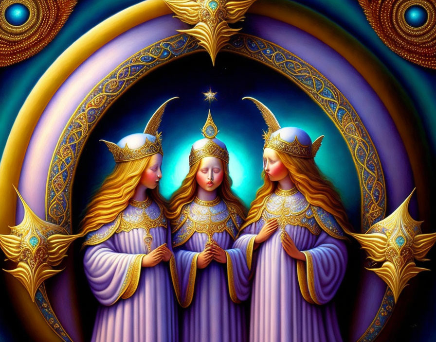 Three angelic figures in purple robes with golden crowns praying under a shining star