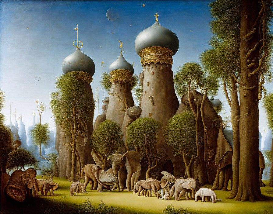 Castle with domed towers and oversized animals in twilight forest landscape