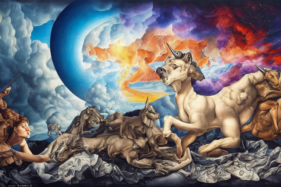 Surreal painting: humanoid figures, horse heads, cosmic sky, blue planet.