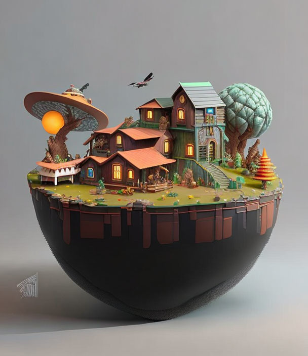 3D artwork of floating terraced island with cozy house and colorful gardens