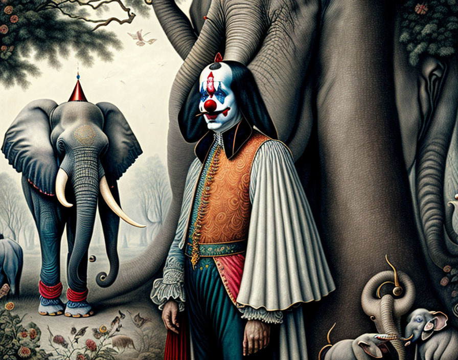 Surreal painting of clown with elephantine lower body in forest