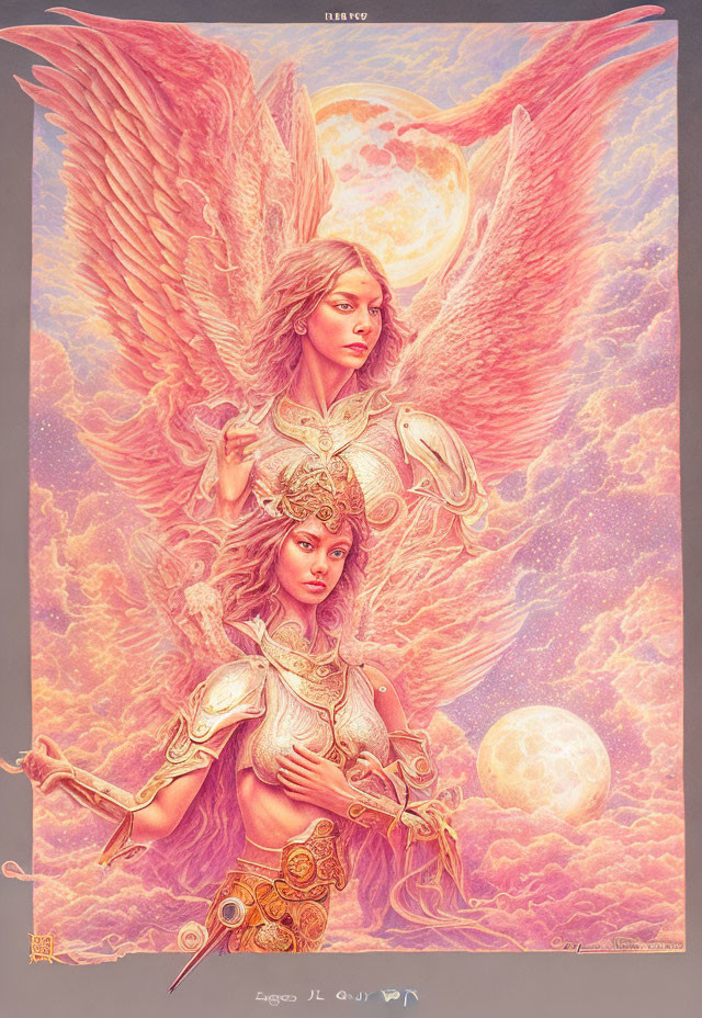 Illustrated poster of two female figures with angelic wings in warm colors on celestial background