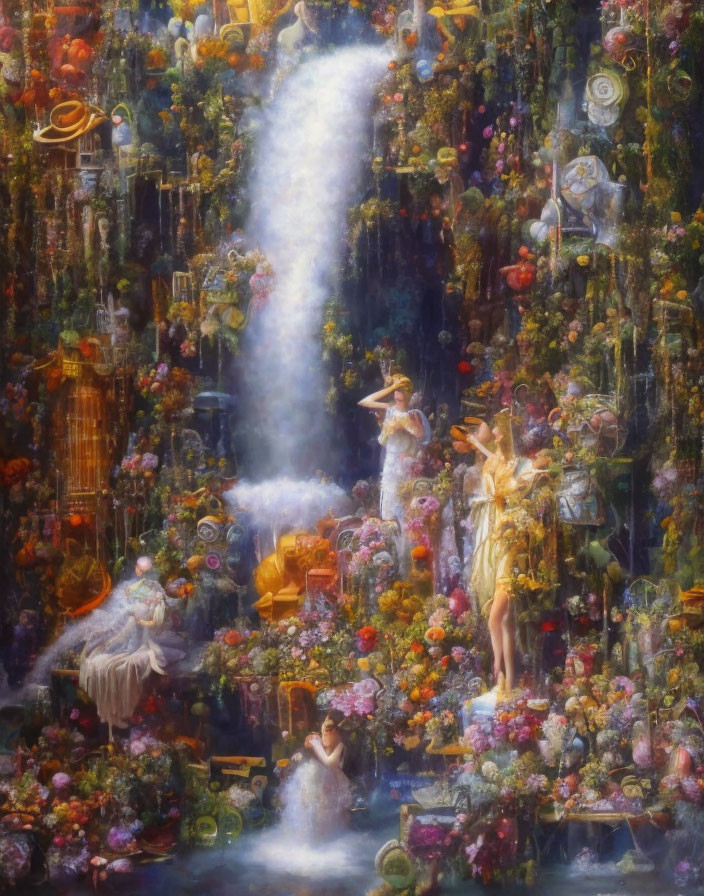 Colorful painting of figures in lush floral setting with waterfall and ornate items