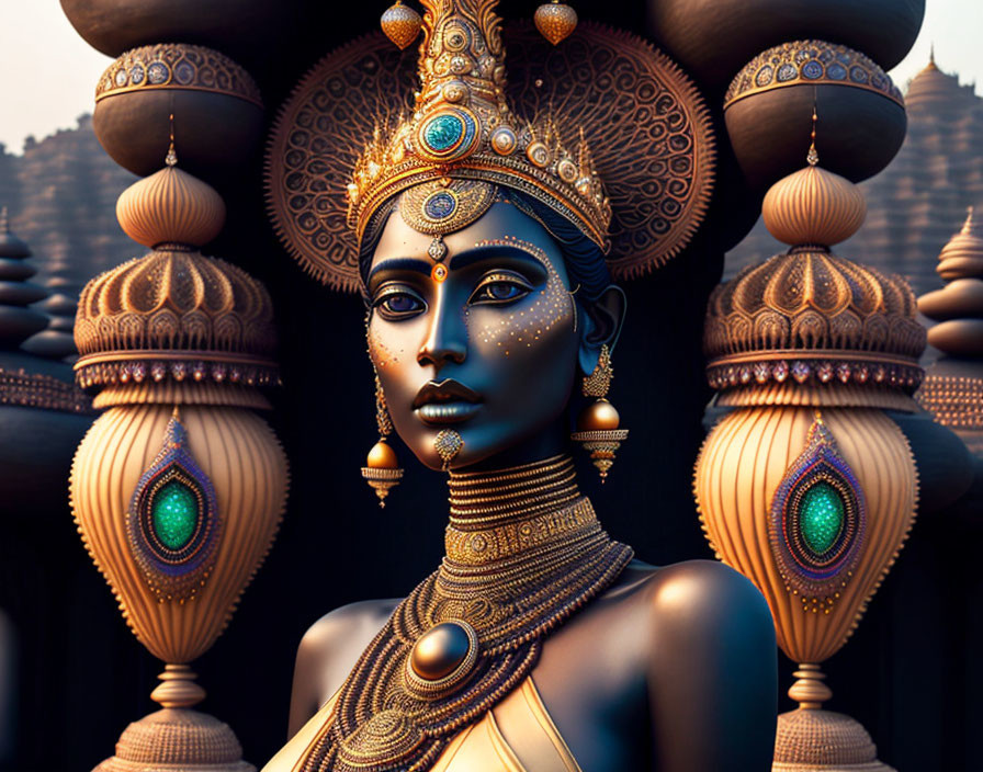 Blue-skinned figure with gold jewelry in symmetrical background