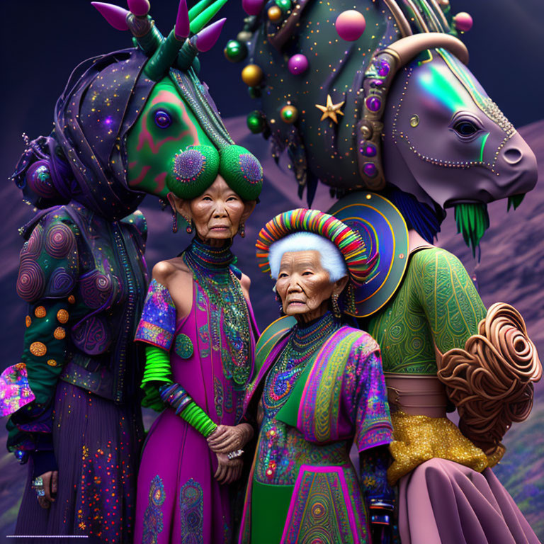 Elder women in intricate outfits with cosmic horse under purple sky