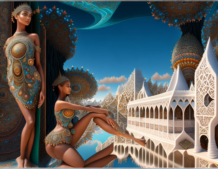 Stylized ornate female figures in intricate architectural setting