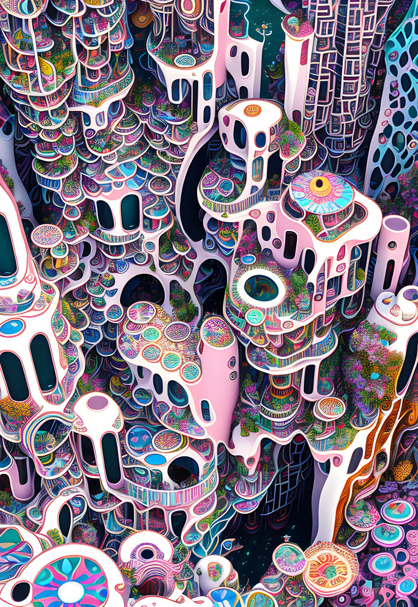 Detailed Illustration of Vibrant Fantastical Cityscape