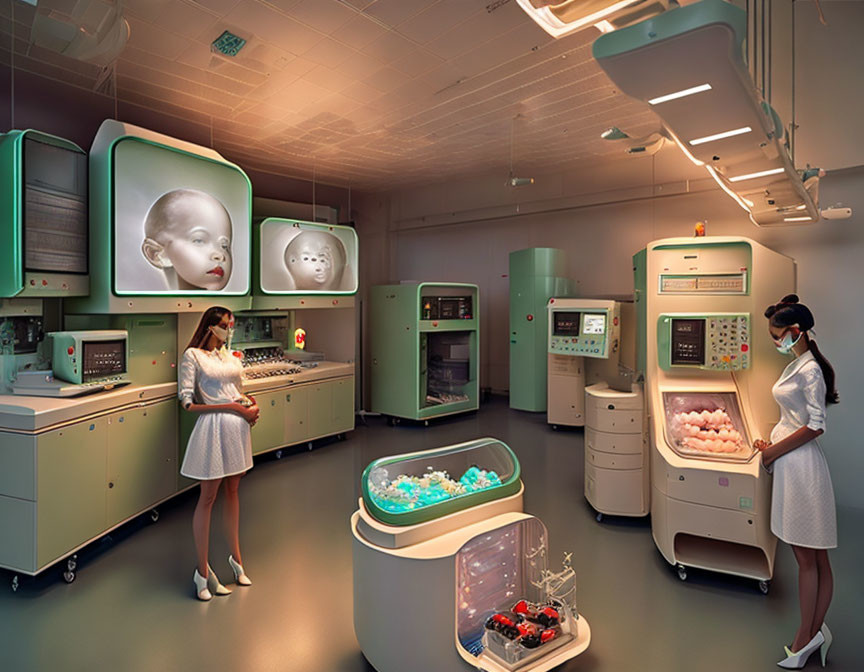 Futuristic laboratory with female technicians monitoring babies and embryos in advanced incubators.