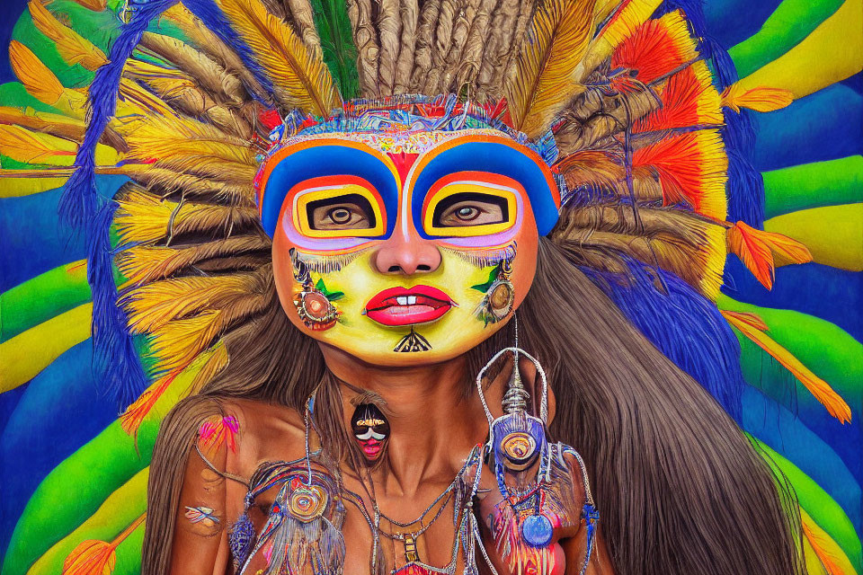 Colorful tribal makeup and feathered headdress portrait with intricate beadwork