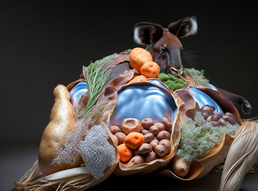 Kangaroo surrounded by diverse vegetables and nuts on reflective surface