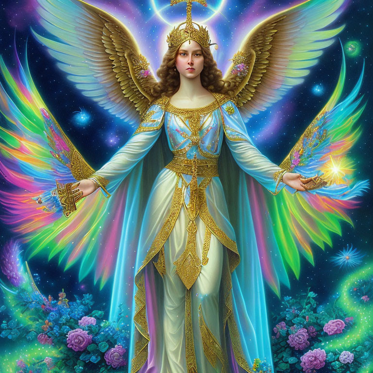 Ornate winged angel in blue robe with halo holding glowing object