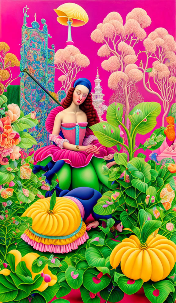 Colorful painting of woman in nature with pumpkins and peacock