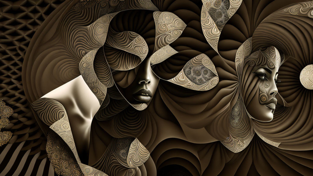 Surreal Monochrome Female Faces with Spiral and Patterned Textures