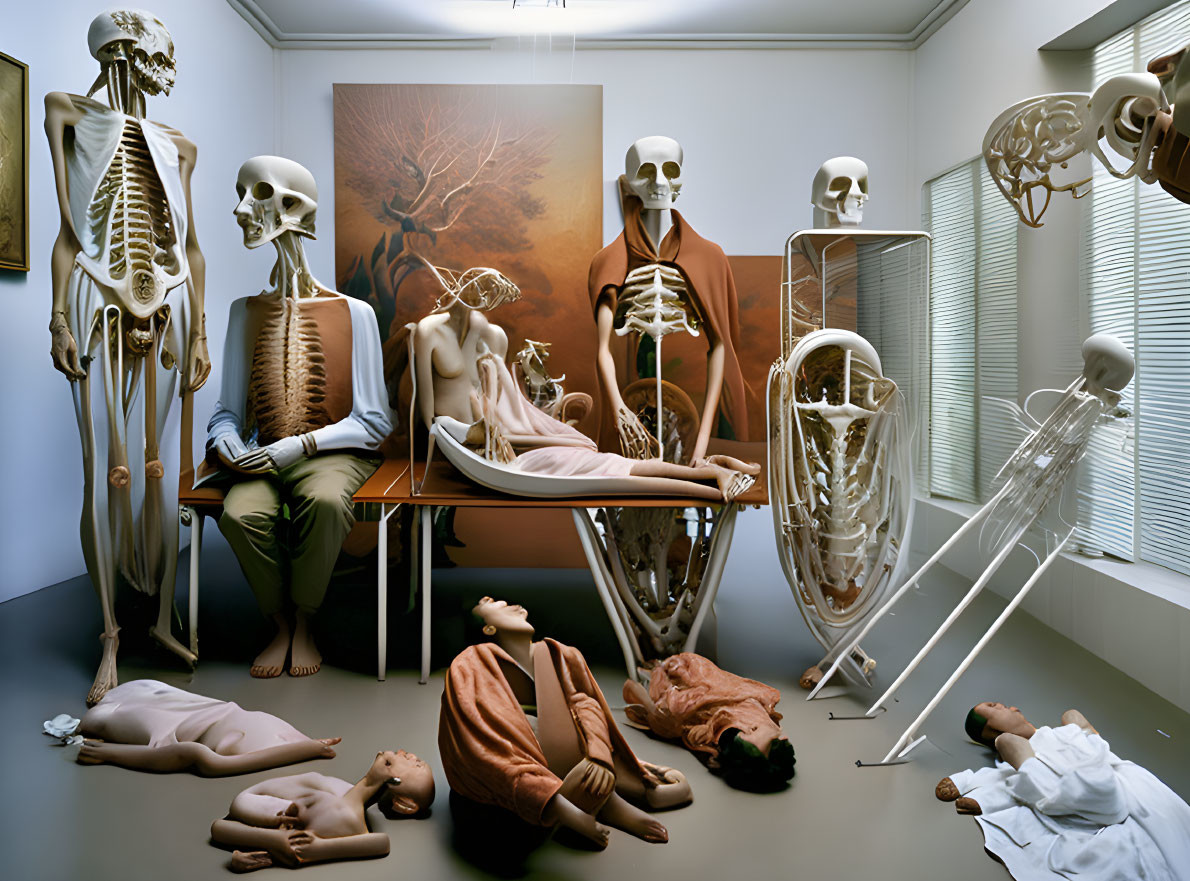 Surreal room with skeletons and anatomical models in study-like poses