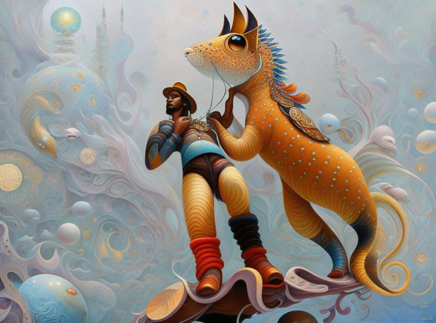 Surreal painting: person riding seahorse-like creature in underwater scene