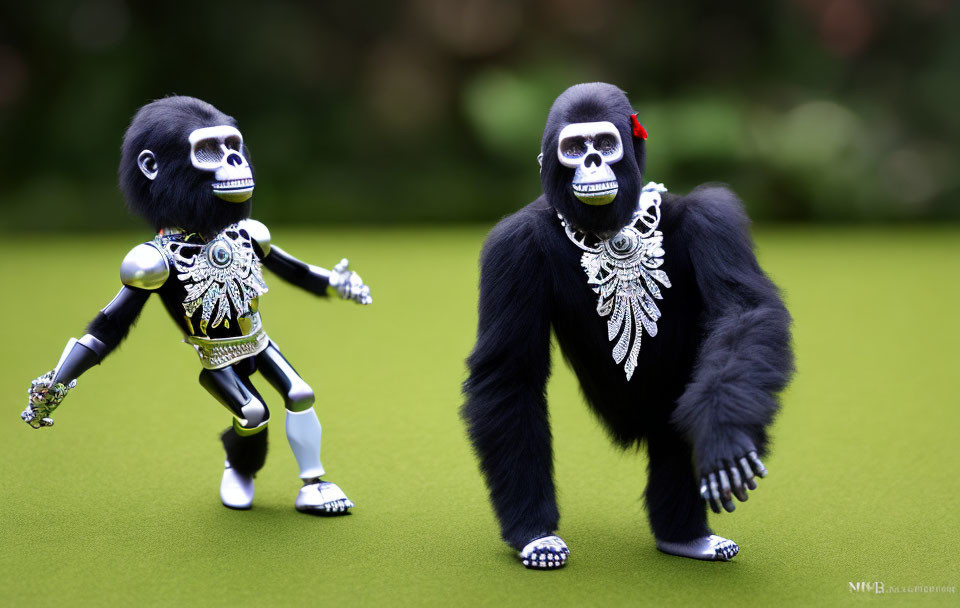 Gorilla figurines in decorative costumes on green surface with blurred foliage background