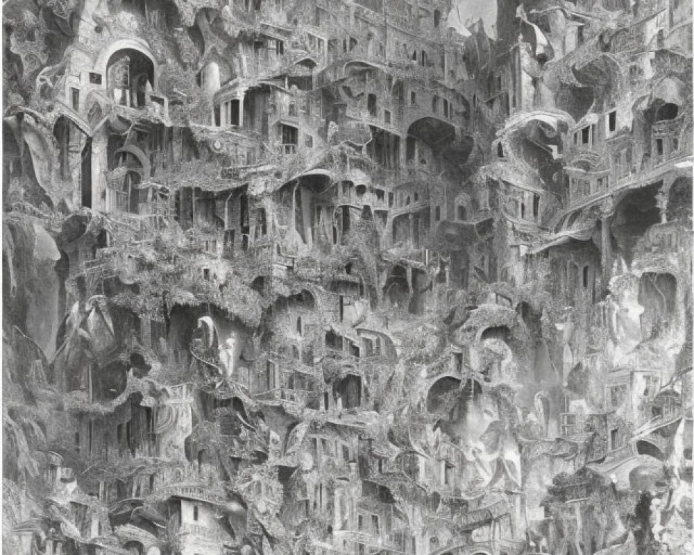 Monochrome illustration of intricate cityscape carved into cliff