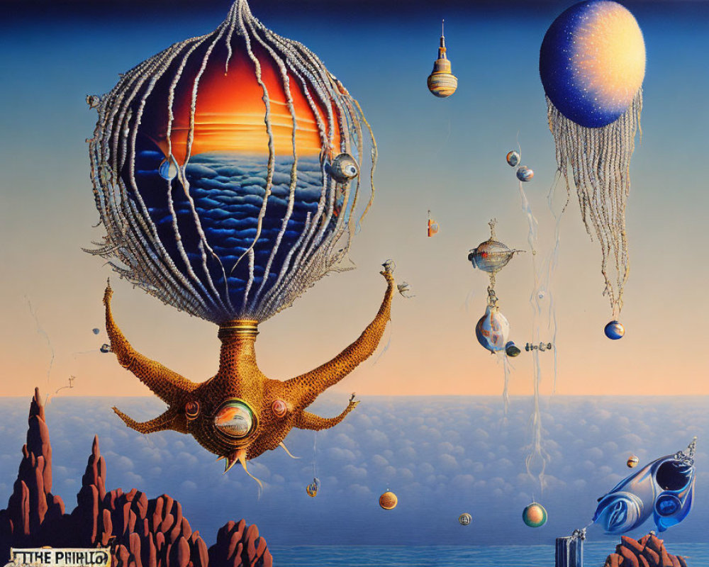 Surreal Artwork: Floating Balloon Structures with Sea Creature Motifs