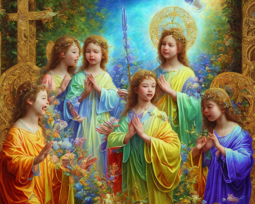 Seven Angelic Figures in Colorful Robes Surrounded by Flowers