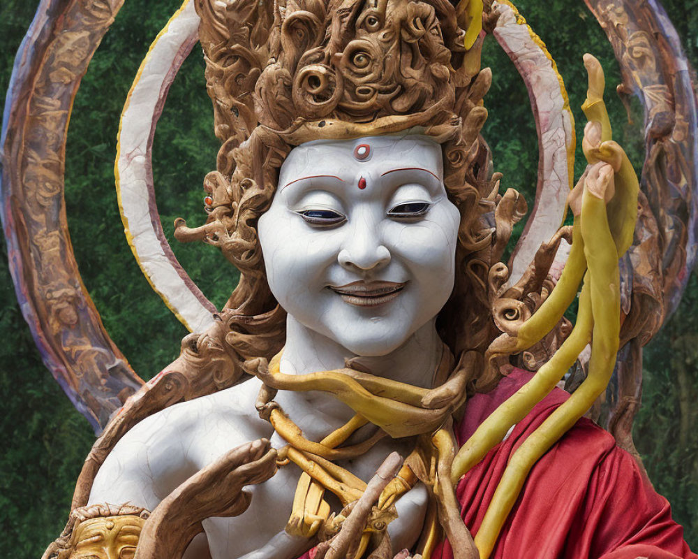 Multifaceted deity statue in red and gold with intricate headgear