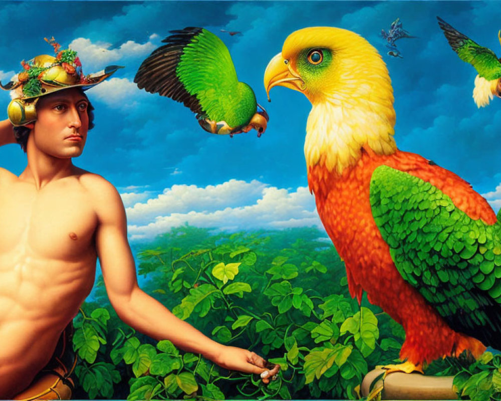 Surreal painting featuring shirtless person, fruit-adorned hat, and oversized parrot