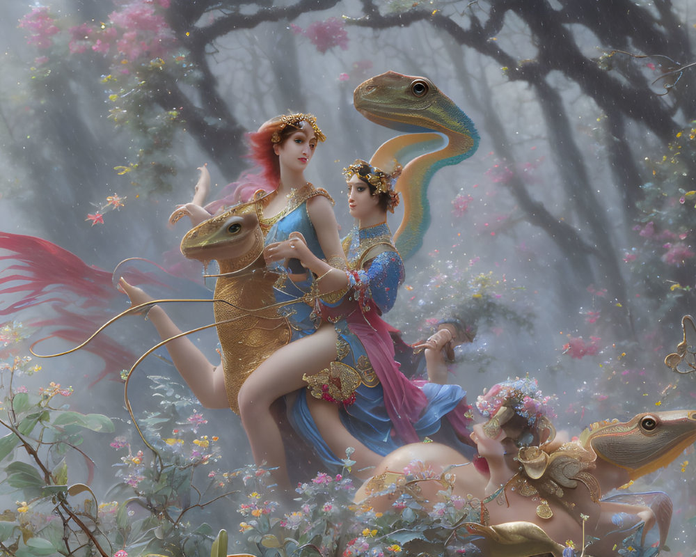 Three women in elaborate costumes riding lizard-like creatures in misty forest.