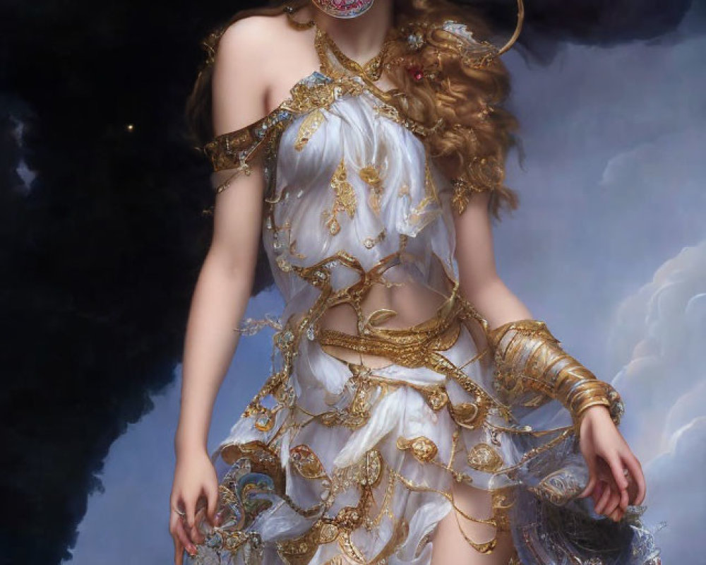 Ethereal female figure in white and gold gown with ornate jewelry