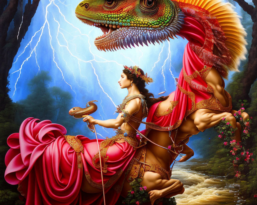 Woman in red dress rides green iguana with orange frills in dramatic landscape.