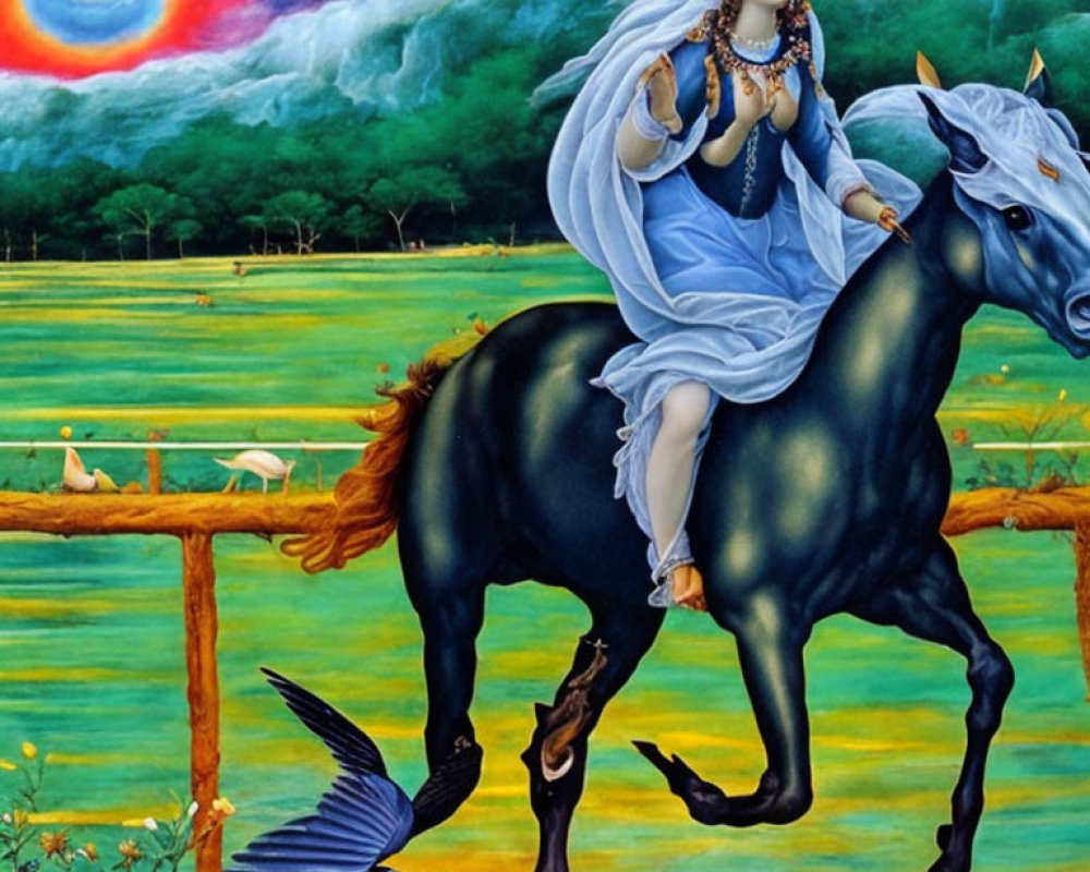 Long-haired woman in blue dress rides black horse in grassy field with animals and bird.