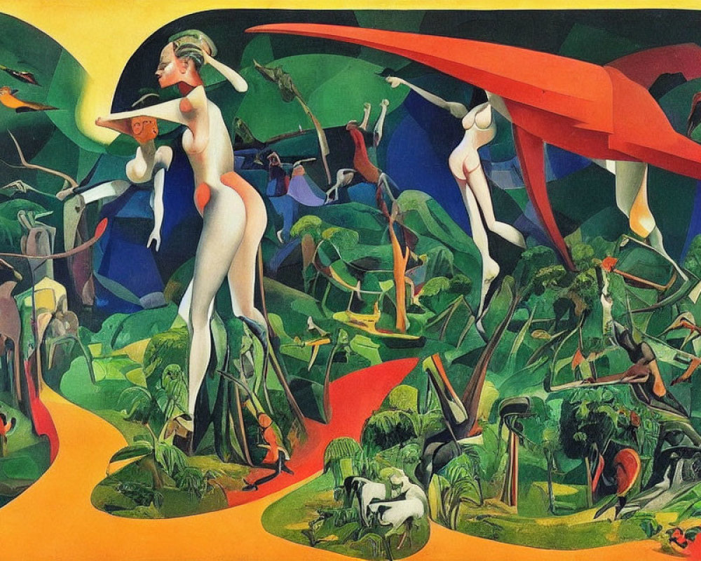 Colorful Surrealist Painting with Oversized Nude Figures in Dynamic Poses