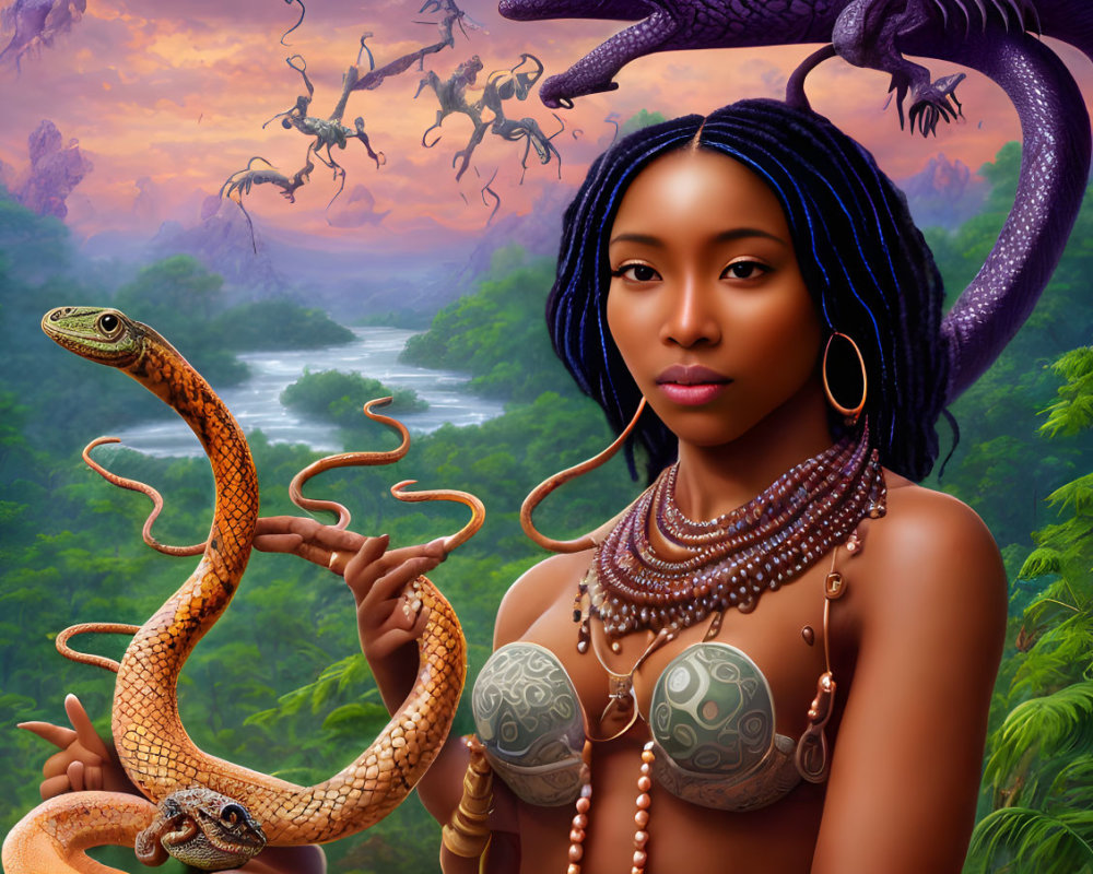 Woman with Blue Braids Holding Snake in Fantastical Jungle with Dragons