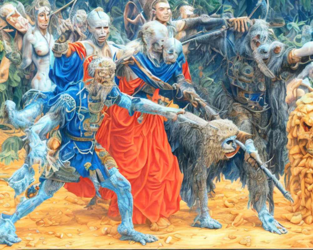 Colorful fantasy painting of warriors and creatures in epic jungle battle