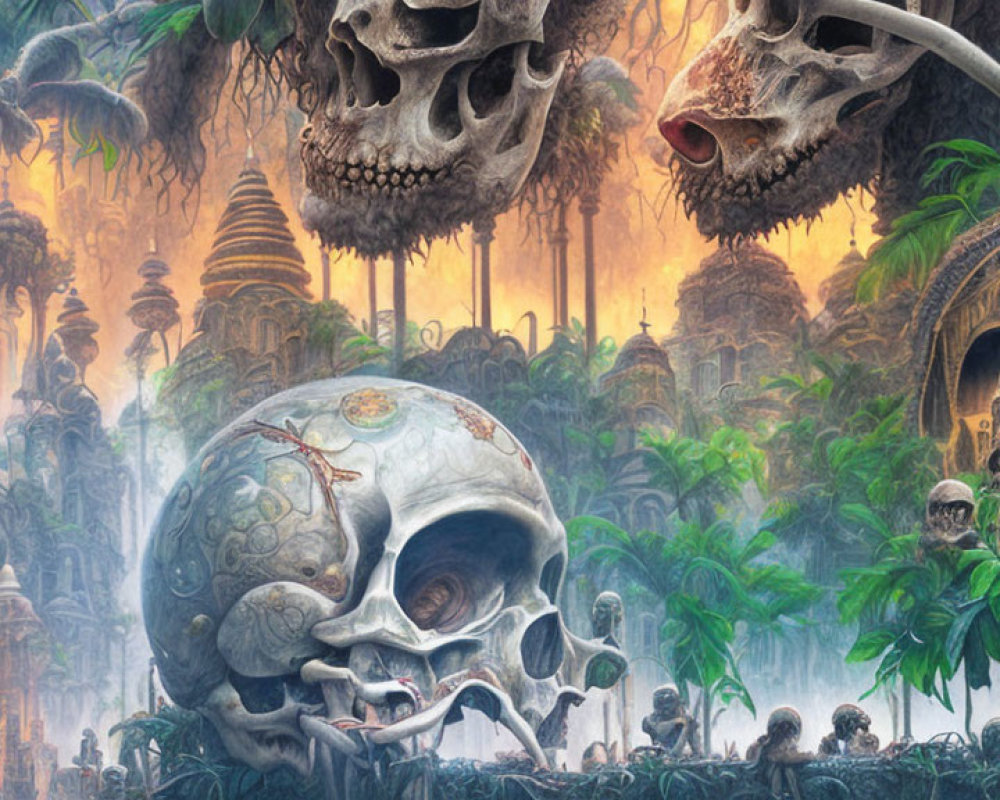 Fantasy jungle with giant skulls, exotic vegetation, ancient ruins, and mysterious door