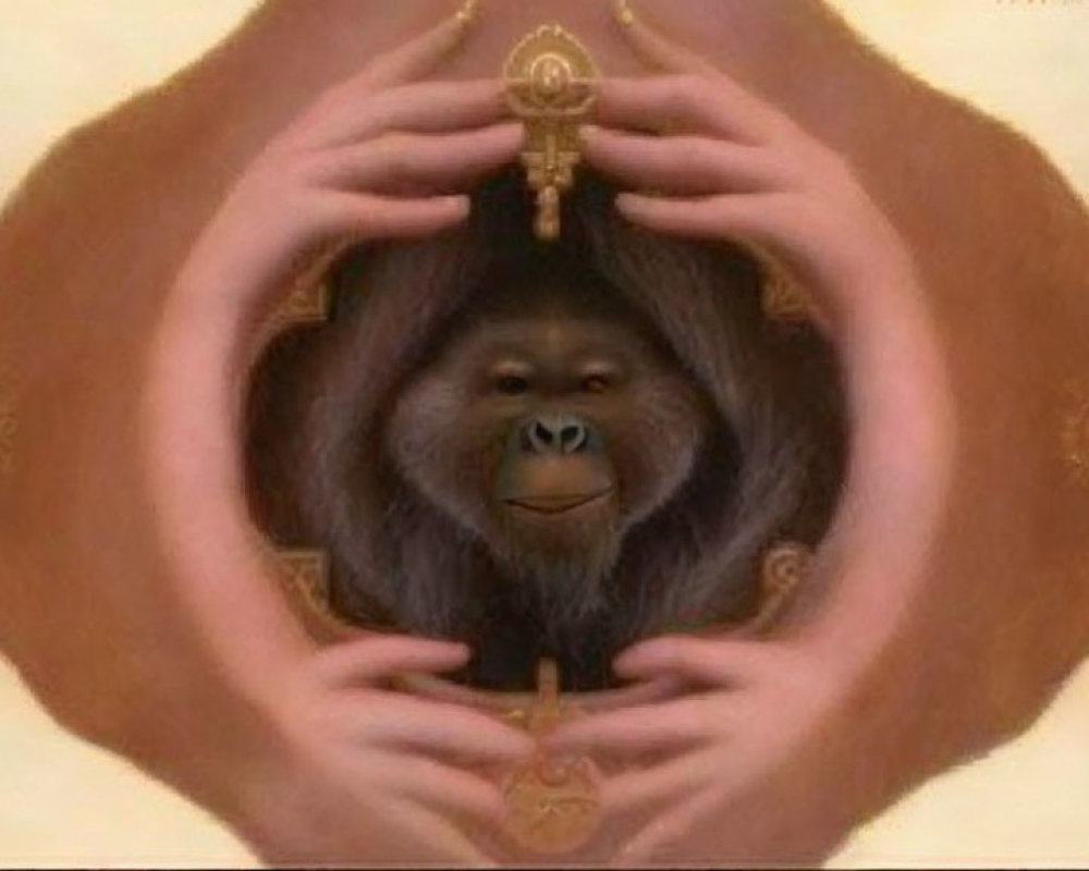 Orangutan face mirrored in heart hands with ornate details