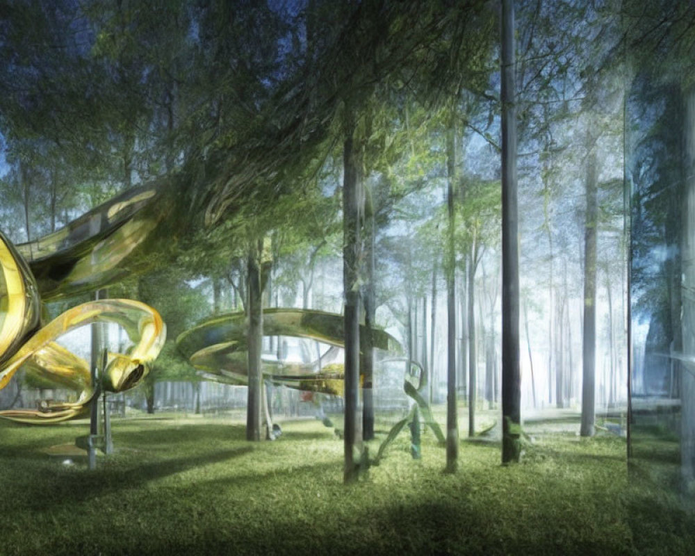 Futuristic forest scene with transparent structures and golden slides