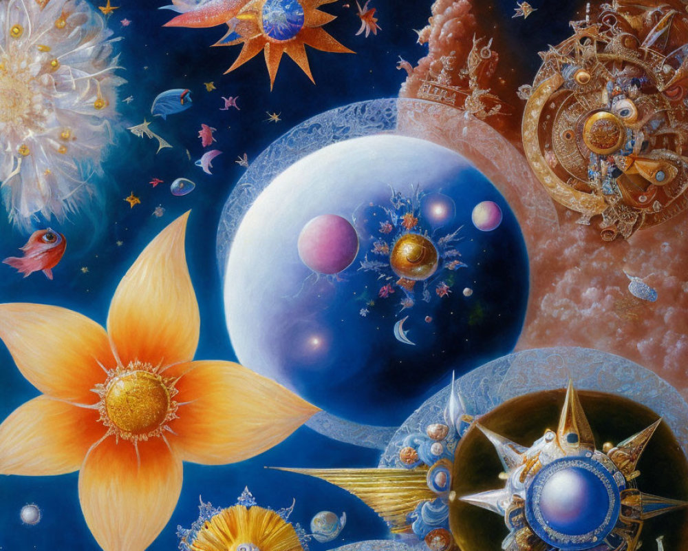 Surreal space scene with vibrant flowers, fish, and steampunk gears