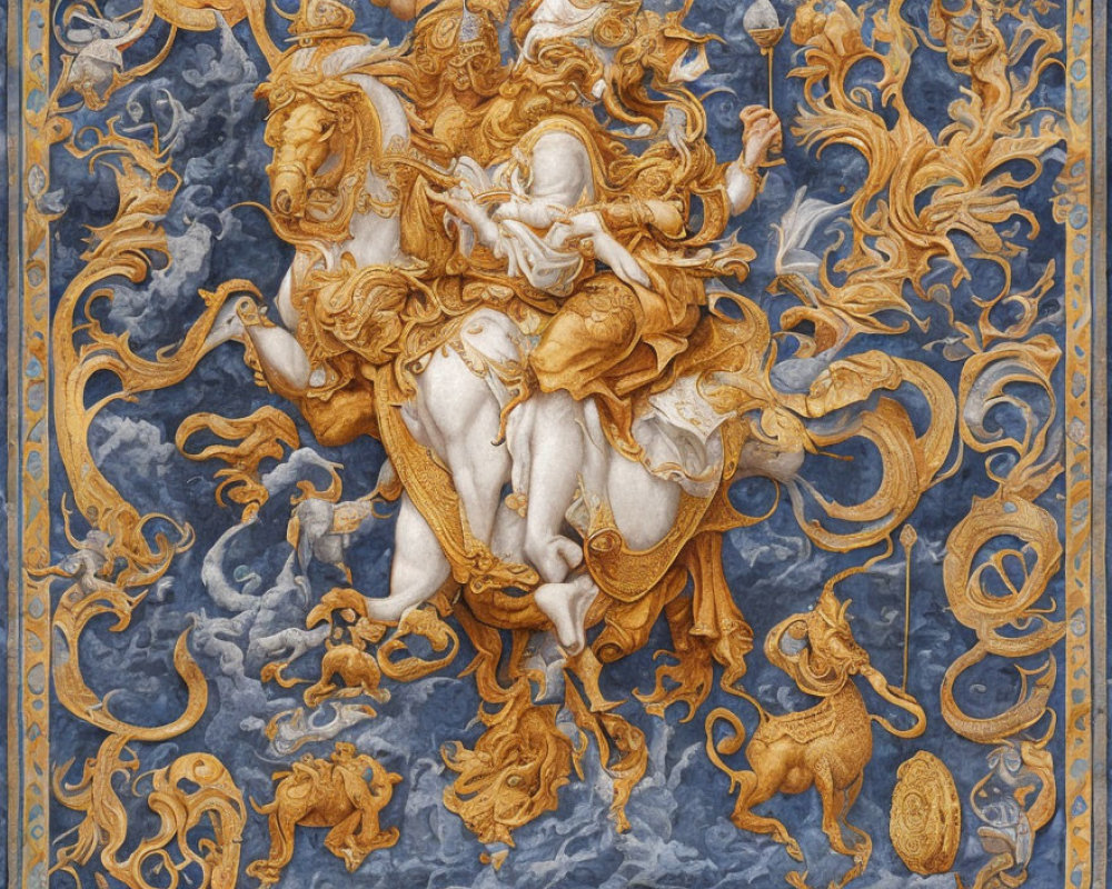 Golden Mythological Bas-Relief on Blue Background