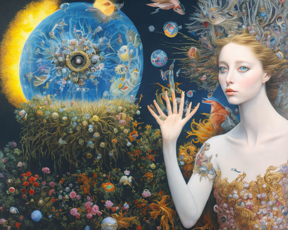 Detailed surreal portrait of a woman with cosmic sphere and vibrant garden