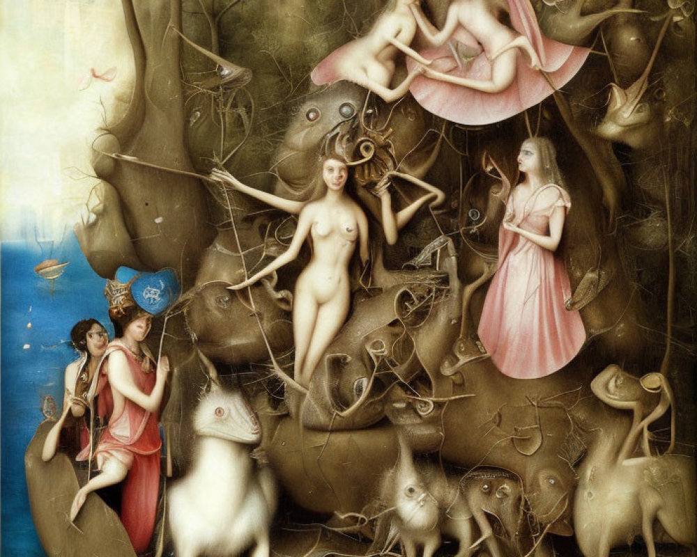 Surreal painting of females with animal traits on boat surrounded by creatures.