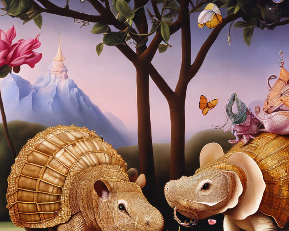 Illustration of two armadillos playing marbles under a tree with butterflies in a lush mountain setting